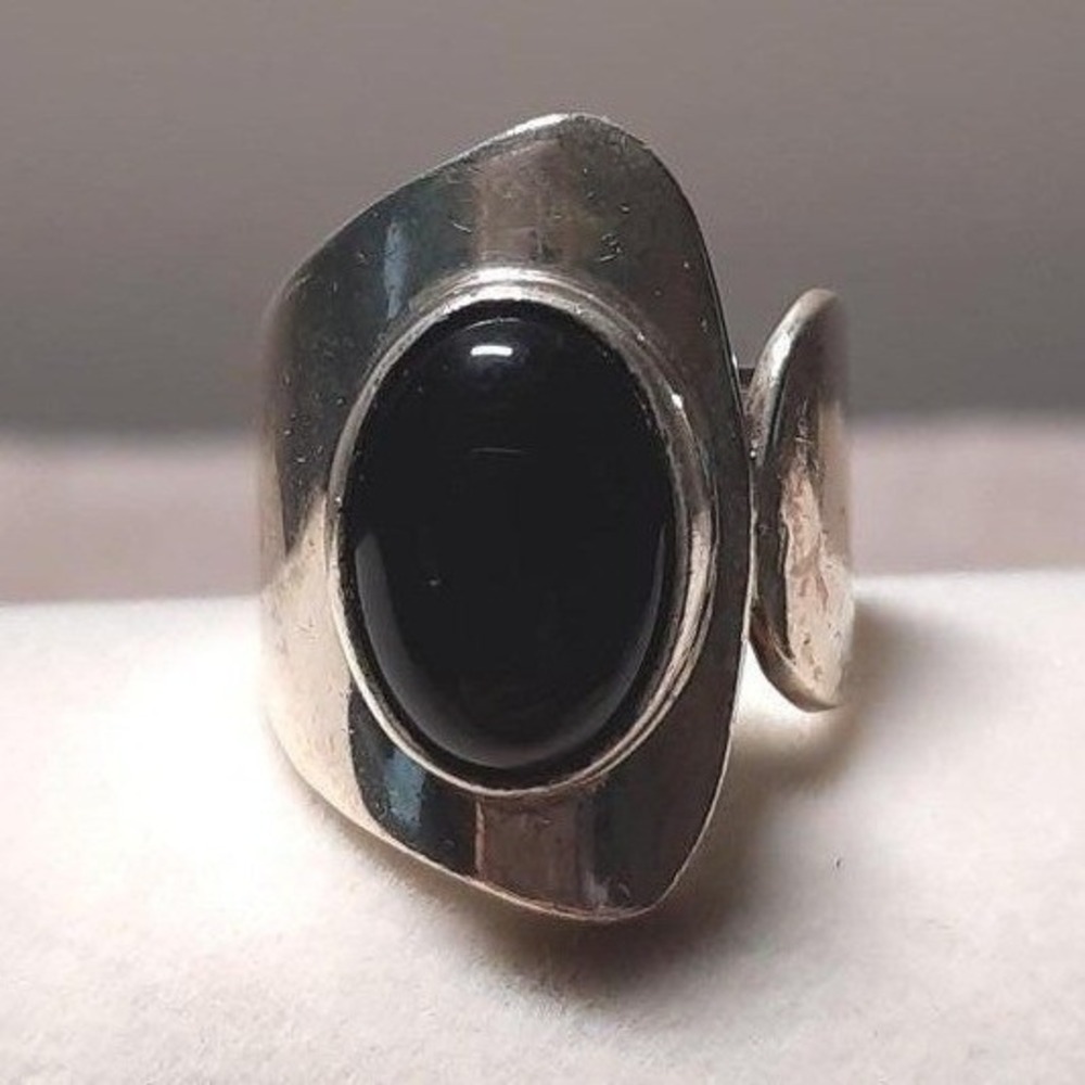Taxco black onyx ring statement cigar band in sterling silver from Mexico size 5